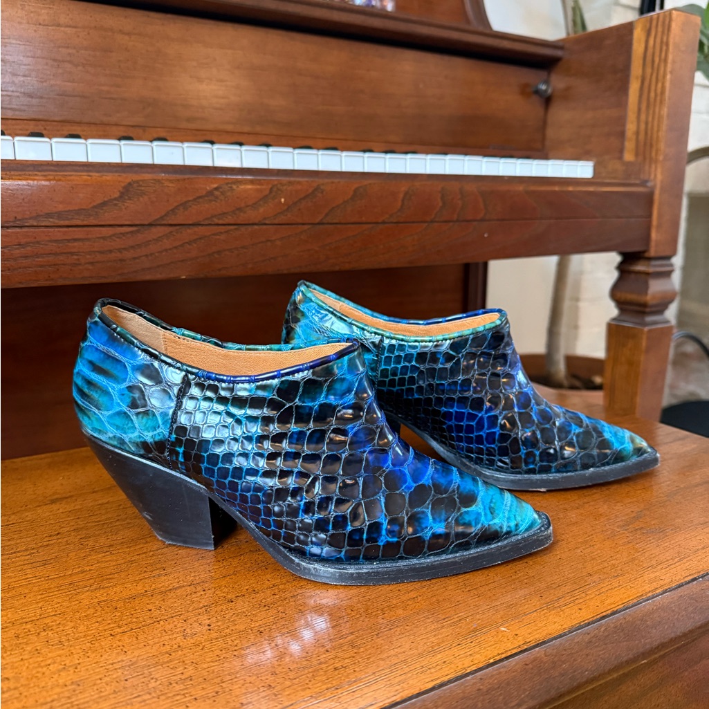 Ganni Blue And Black Snake Print Heeled Boots